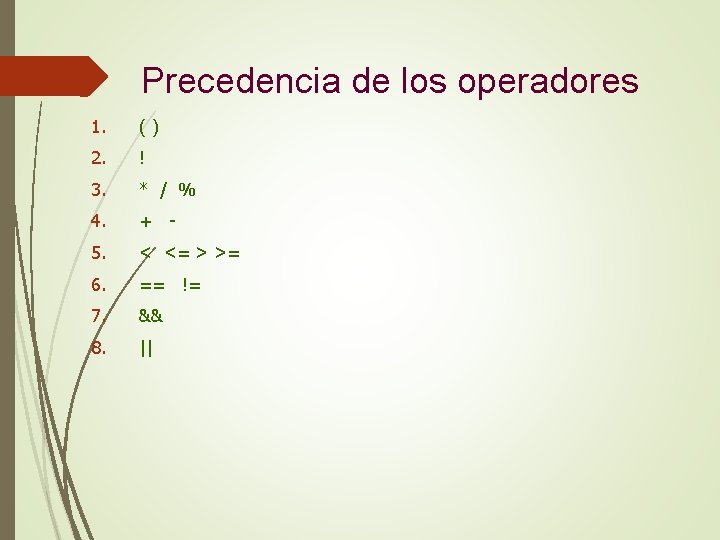 Precedencia de los operadores 1. () 2. ! 3. * / % 4. +