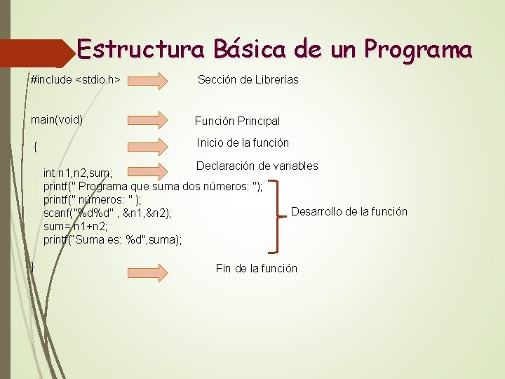 Estructura Básica de un Programa #include <stdio. h> Sección de Librerías main(void) Función Principal