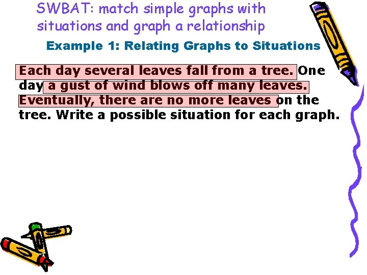SWBAT: match simple graphs with situations and graph a relationship Example 1: Relating Graphs