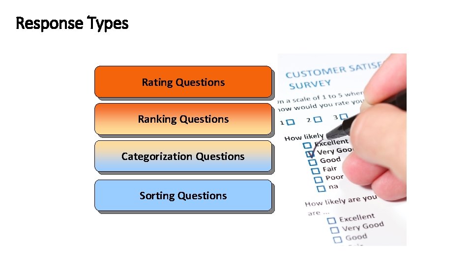 Response Types Rating Questions Ranking Questions Categorization Questions Sorting Questions 12 -21 