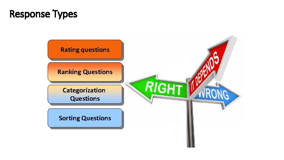 Response Types Rating questions Ranking Questions Categorization Questions Sorting Questions 12 -33 