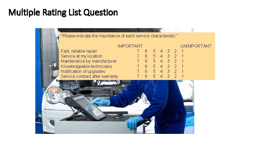 Multiple Rating List Question “Please indicate the importance of each service characteristic: ” IMPORTANT