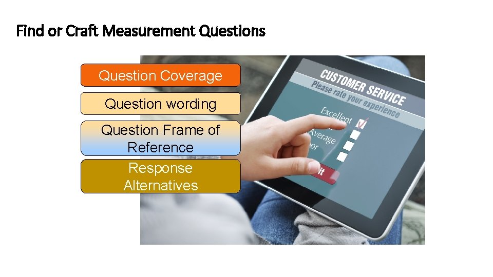 Find or Craft Measurement Questions Question Coverage Question wording Question Frame of Reference Response