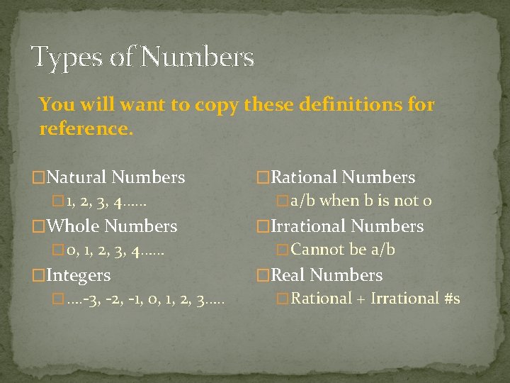 Types of Numbers You will want to copy these definitions for reference. �Natural Numbers