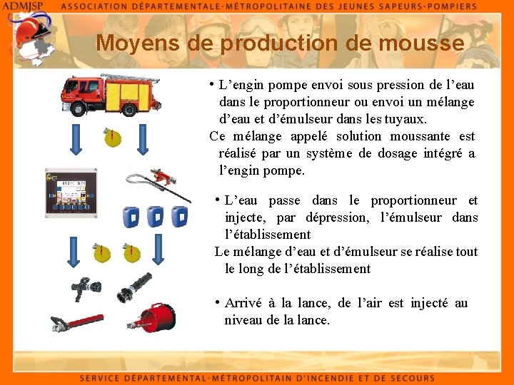 Moyens de production de mousse • L’engin pompe envoi sous pression de l’eau dans