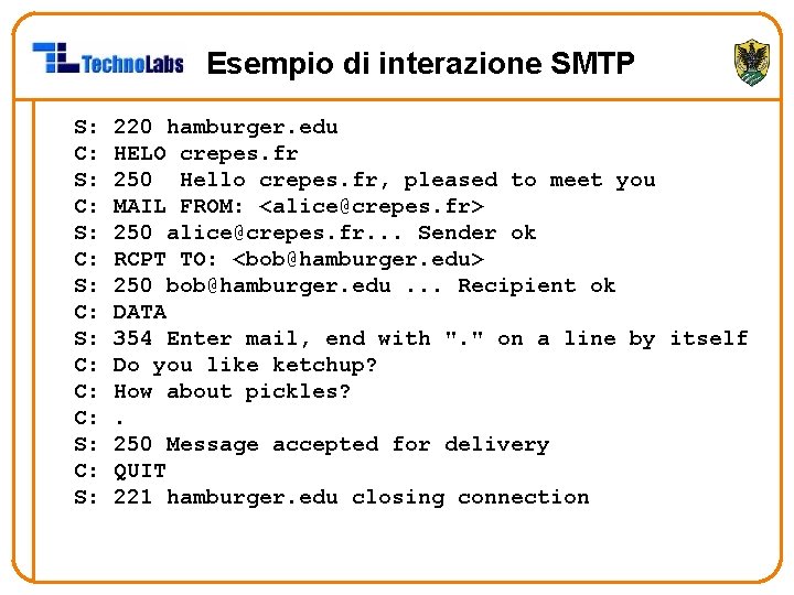 Esempio di interazione SMTP S: C: S: C: C: C: S: 220 hamburger. edu