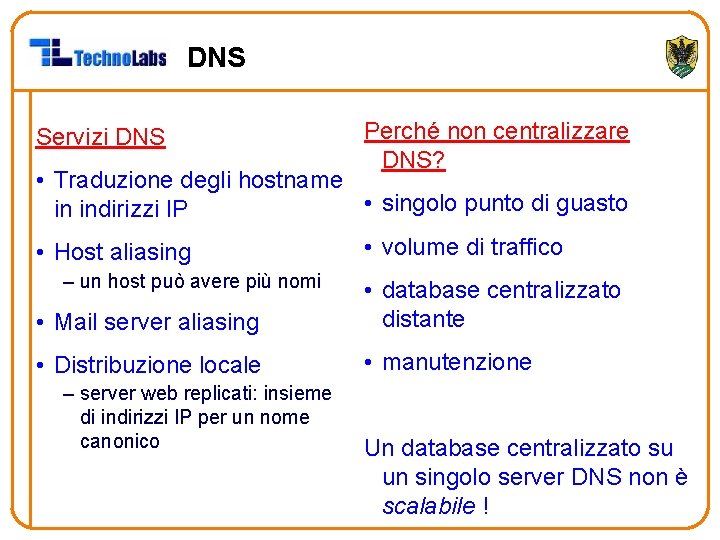 DNS Servizi DNS Perché non centralizzare DNS? • Traduzione degli hostname • singolo punto