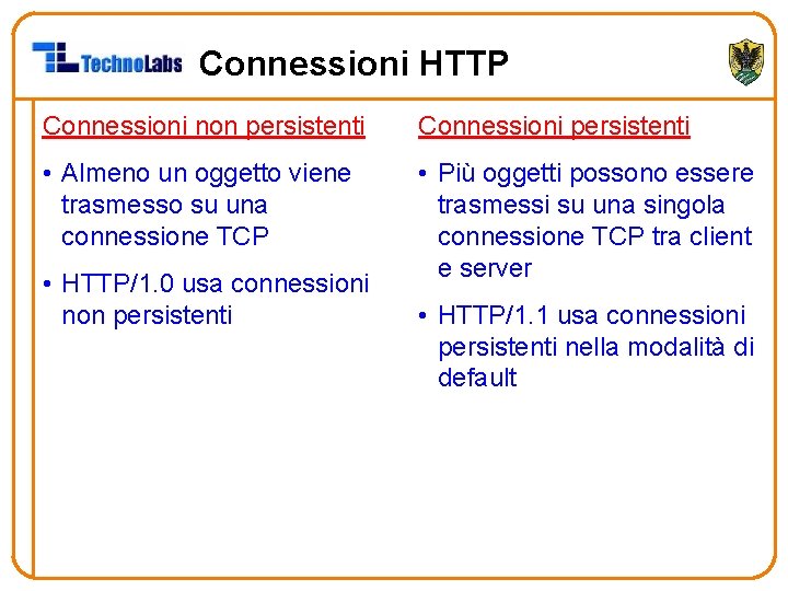 Connessioni HTTP Connessioni non persistenti Connessioni persistenti • Almeno un oggetto viene trasmesso su