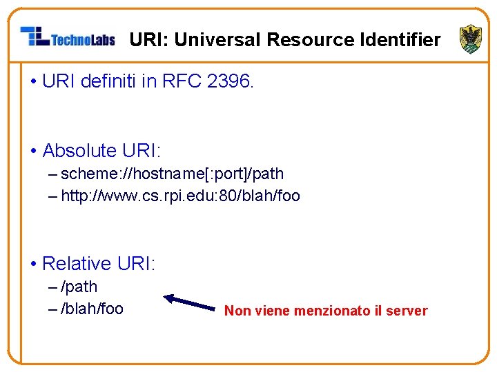 URI: Universal Resource Identifier • URI definiti in RFC 2396. • Absolute URI: –