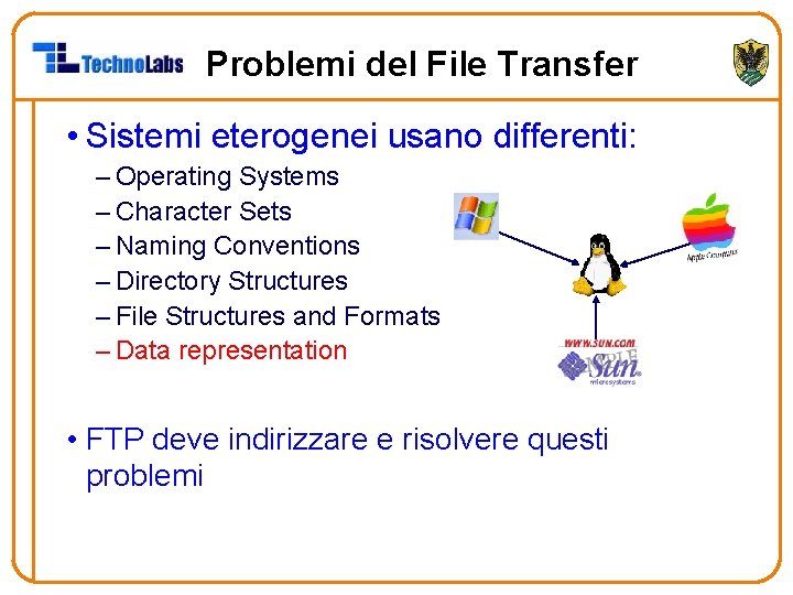 Problemi del File Transfer • Sistemi eterogenei usano differenti: – Operating Systems – Character