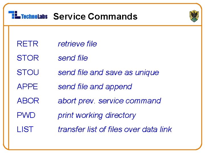 Service Commands RETR retrieve file STOR send file STOU send file and save as