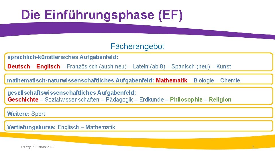 Die Einführungsphase (EF) Fächerangebot sprachlich-künstlerisches Aufgabenfeld: Deutsch – Englisch – Französisch (auch neu) –