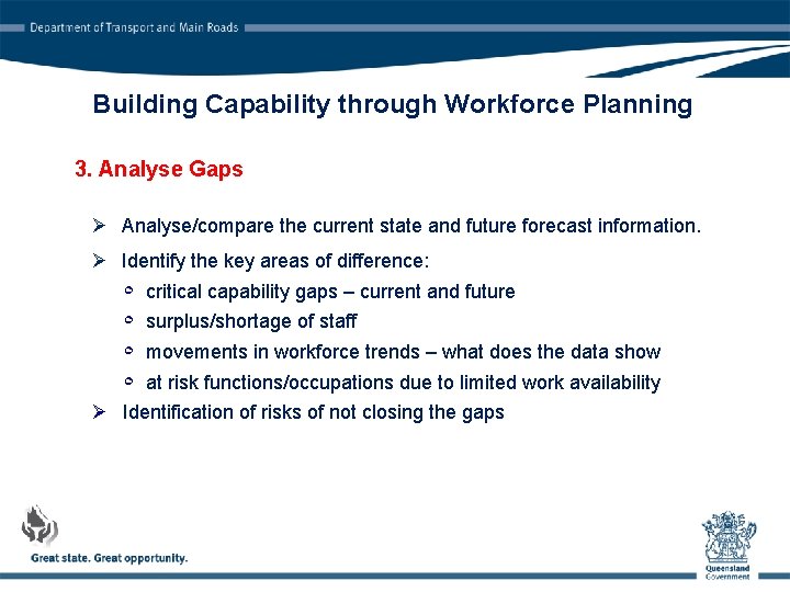 Building Capability through Workforce Planning 3. Analyse Gaps Ø Analyse/compare the current state and