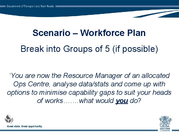 Scenario – Workforce Plan Break into Groups of 5 (if possible) ‘You are now