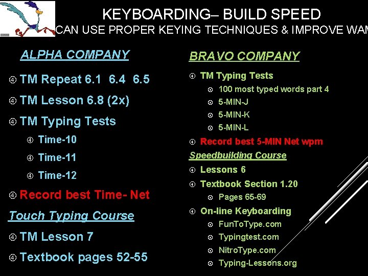 KEYBOARDING– BUILD SPEED I CAN USE PROPER KEYING TECHNIQUES & IMPROVE WAM ALPHA COMPANY KEYBOARDING– BUILD SPEED I CAN USE PROPER KEYING TECHNIQUES & IMPROVE WAM ALPHA COMPANY