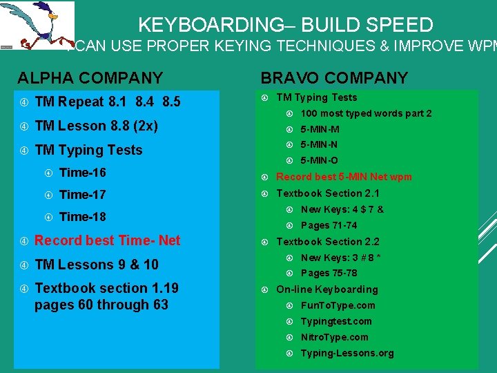 KEYBOARDING– BUILD SPEED I CAN USE PROPER KEYING TECHNIQUES & IMPROVE WPM ALPHA COMPANY KEYBOARDING– BUILD SPEED I CAN USE PROPER KEYING TECHNIQUES & IMPROVE WPM ALPHA COMPANY