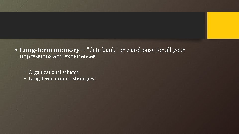  • Long-term memory – “data bank” or warehouse for all your impressions and