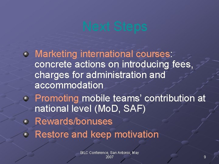 Next Steps Marketing international courses: concrete actions on introducing fees, charges for administration and