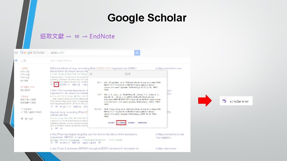 Google Scholar 選取文獻 → → End. Note 