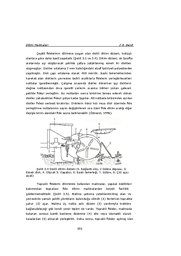 Dikim Makinaları Z. B. Barut Çeşitli fidelerinin dikimine uygun olan diskli dikim düzeni, kıskaçlı