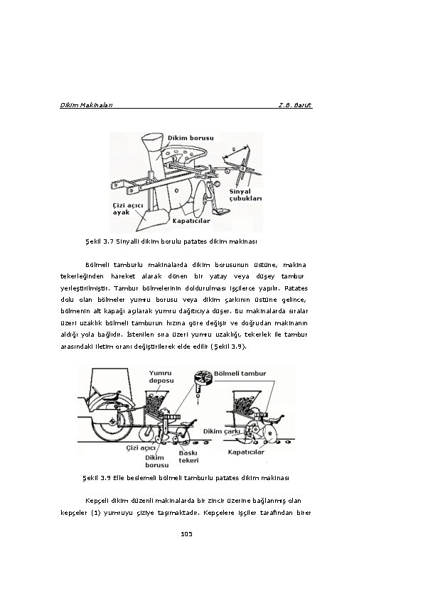 Dikim Makinaları Z. B. Barut Şekil 3. 7 Sinyalli dikim borulu patates dikim makinası