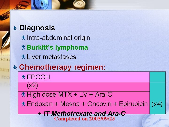 Diagnosis Intra-abdominal origin Burkitt’s lymphoma Liver metastases Chemotherapy regimen: EPOCH (x 2) High dose