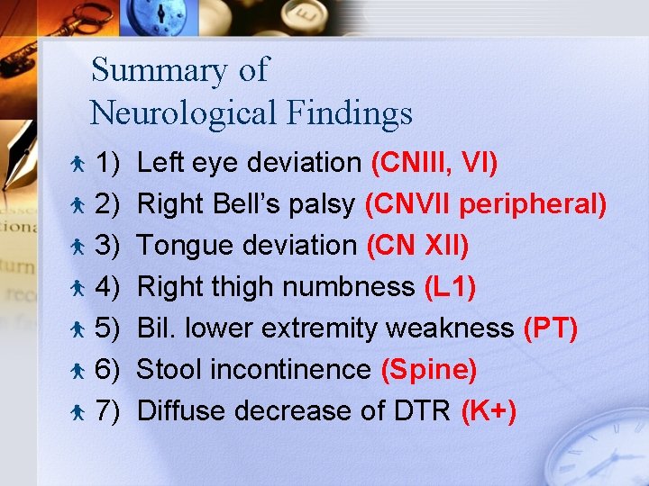 Summary of Neurological Findings 1) 2) 3) 4) 5) 6) 7) Left eye deviation
