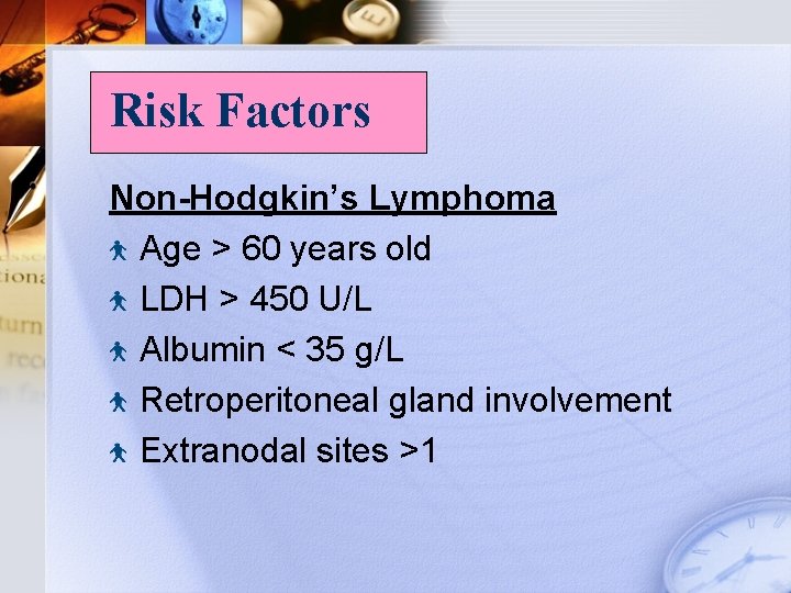 Risk Factors Non-Hodgkin’s Lymphoma Age > 60 years old LDH > 450 U/L Albumin