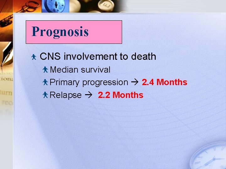 Prognosis CNS involvement to death Median survival Primary progression 2. 4 Months Relapse 2.