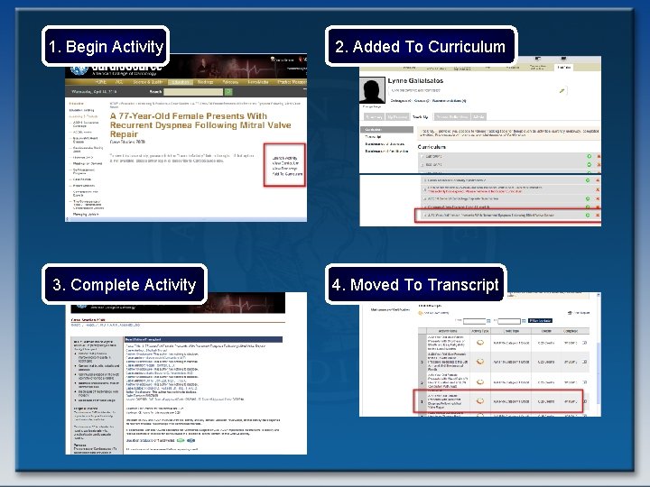 1. Begin Activity 3. Complete Activity 2. Added To Curriculum 4. Moved To Transcript