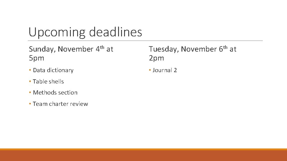 Upcoming deadlines Sunday, November 4 th at 5 pm Tuesday, November 6 th at