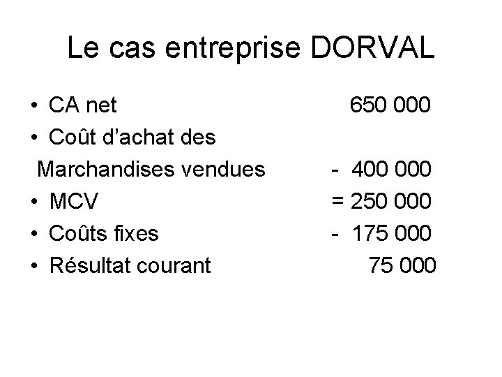 Le cas entreprise DORVAL • CA net • Coût d’achat des Marchandises vendues •