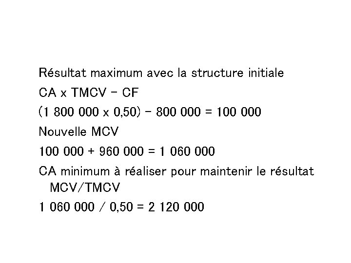 Résultat maximum avec la structure initiale CA x TMCV – CF (1 800 000