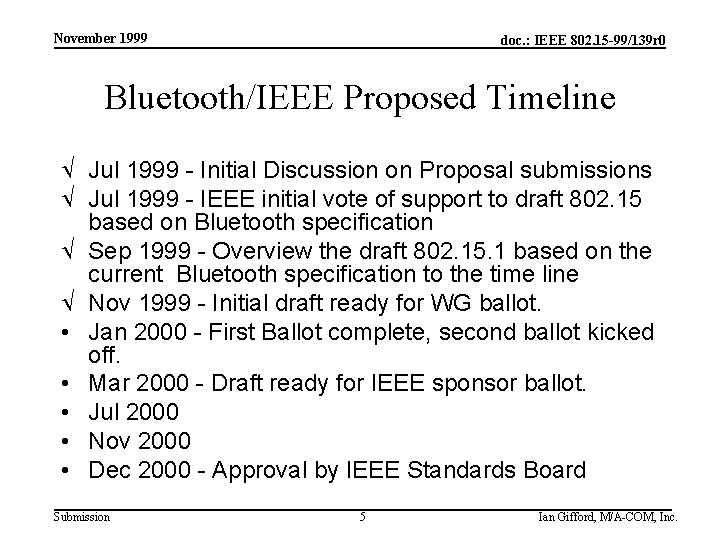 November 1999 doc. : IEEE 802. 15 -99/139 r 0 Bluetooth/IEEE Proposed Timeline Ö