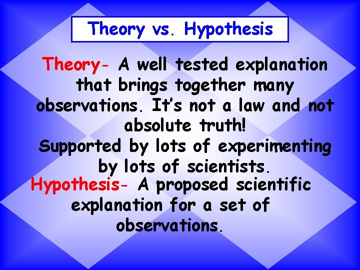 Theory vs. Hypothesis Theory- A well tested explanation that brings together many observations. It’s