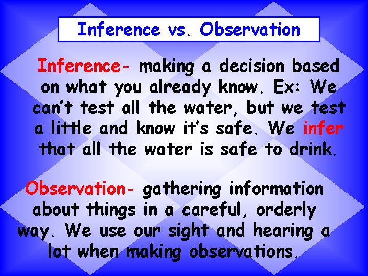 Inference vs. Observation Inference- making a decision based on what you already know. Ex: