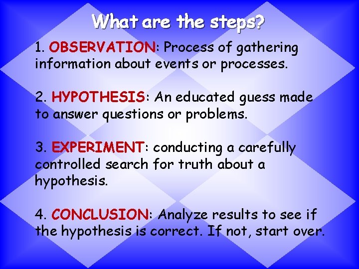 What are the steps? 1. OBSERVATION: Process of gathering information about events or processes.