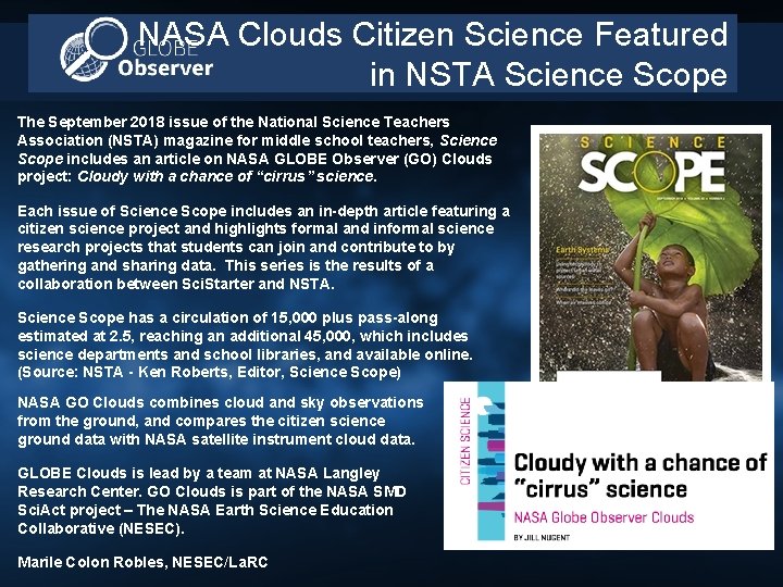 NASA Clouds Citizen Science Featured in NSTA Science Scope The September 2018 issue of