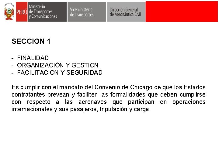 SECCION 1 - FINALIDAD - ORGANIZACIÓN Y GESTION - FACILITACION Y SEGURIDAD Es cumplir