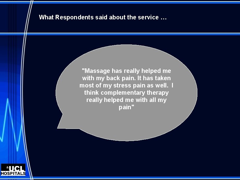 What Respondents said about the service … "Massage has really helped me with my