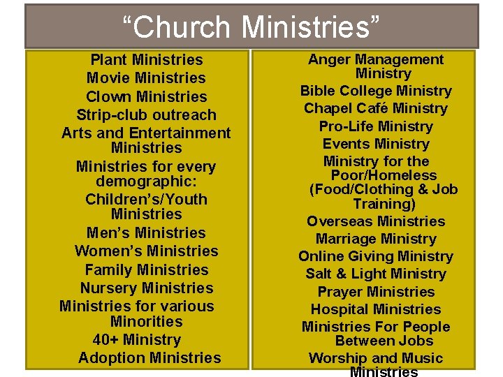 “Church Ministries” Plant Ministries Movie Ministries Clown Ministries Strip-club outreach Arts and Entertainment Ministries