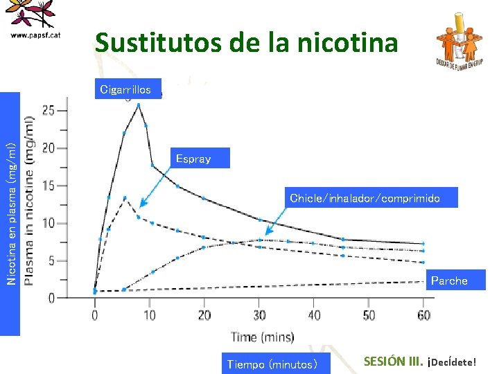 Sustitutos de la nicotina Nicotina en plasma (mg/ml) Cigarrillos Espray Chicle/inhalador/comprimido Parche Tiempo (minutos)