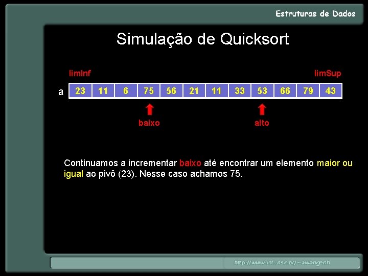 Simulação de Quicksort lim. Inf a 23 lim. Sup 11 6 75 baixo 56