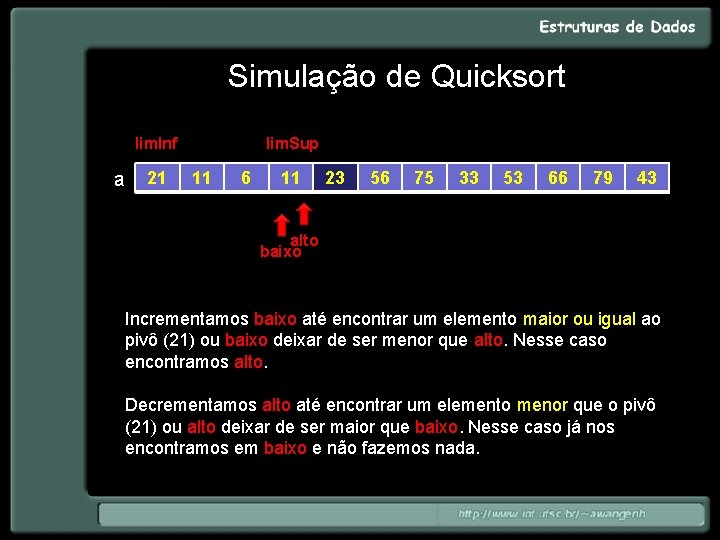 Simulação de Quicksort lim. Inf a 21 lim. Sup 11 6 11 23 56