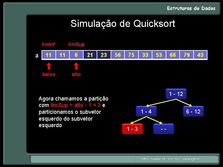 Simulação de Quicksort lim. Inf a 11 baixo lim. Sup 11 6 21 23