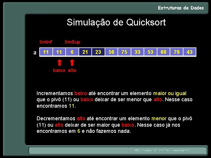 Simulação de Quicksort lim. Inf a 11 lim. Sup 11 6 21 23 56