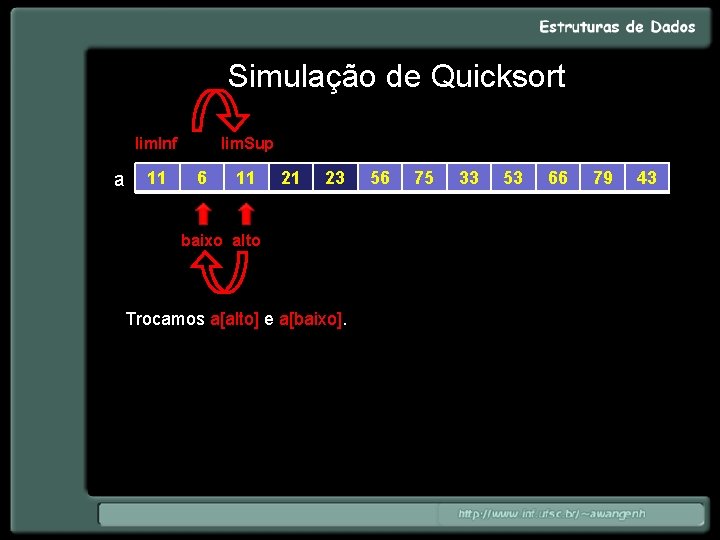 Simulação de Quicksort lim. Inf a 11 lim. Sup 6 11 21 23 baixo