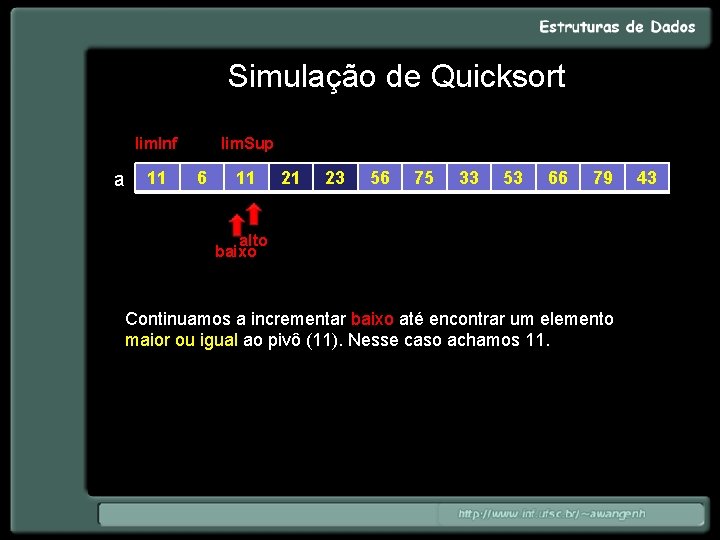 Simulação de Quicksort lim. Inf a 11 lim. Sup 6 11 21 23 56