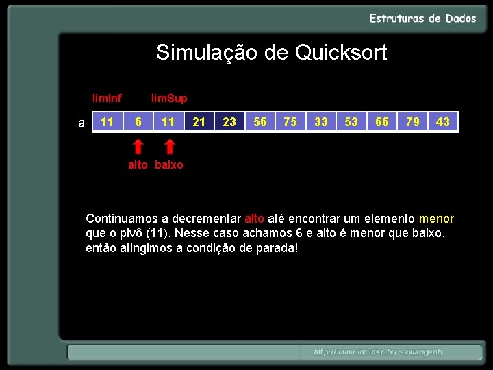 Simulação de Quicksort lim. Inf a 11 lim. Sup 6 11 21 23 56