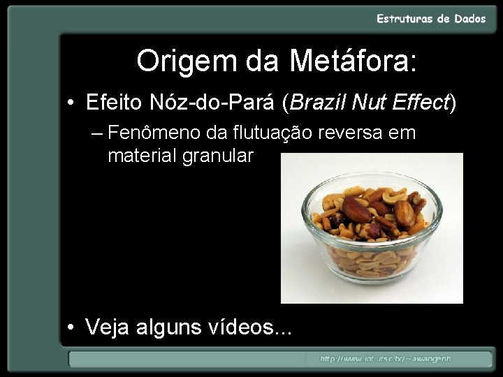 Origem da Metáfora: • Efeito Nóz-do-Pará (Brazil Nut Effect) – Fenômeno da flutuação reversa